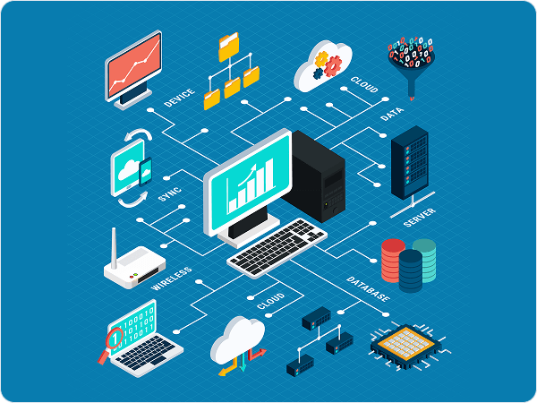 Isometric diagram of connected devices, servers and cloud infrastructure