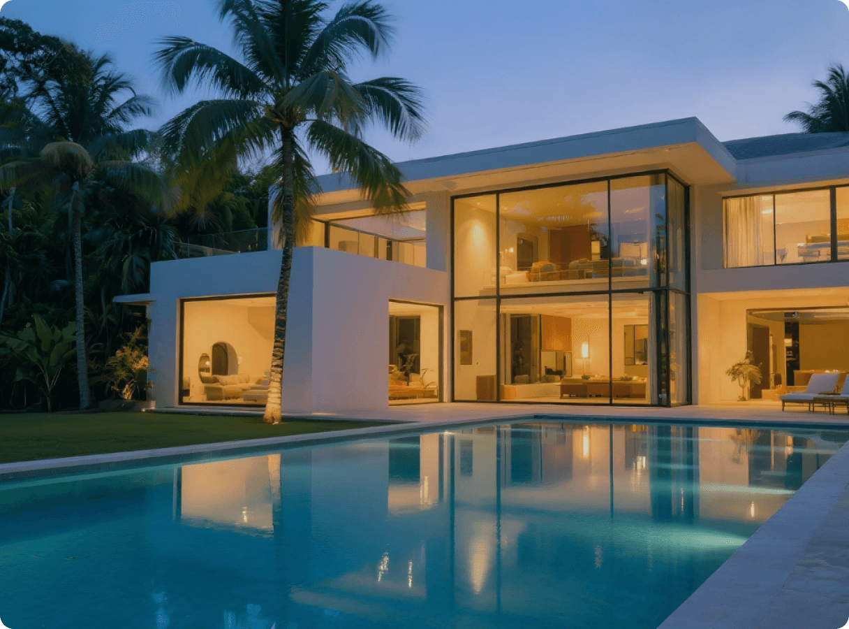New-build luxury villa with pool at dusk