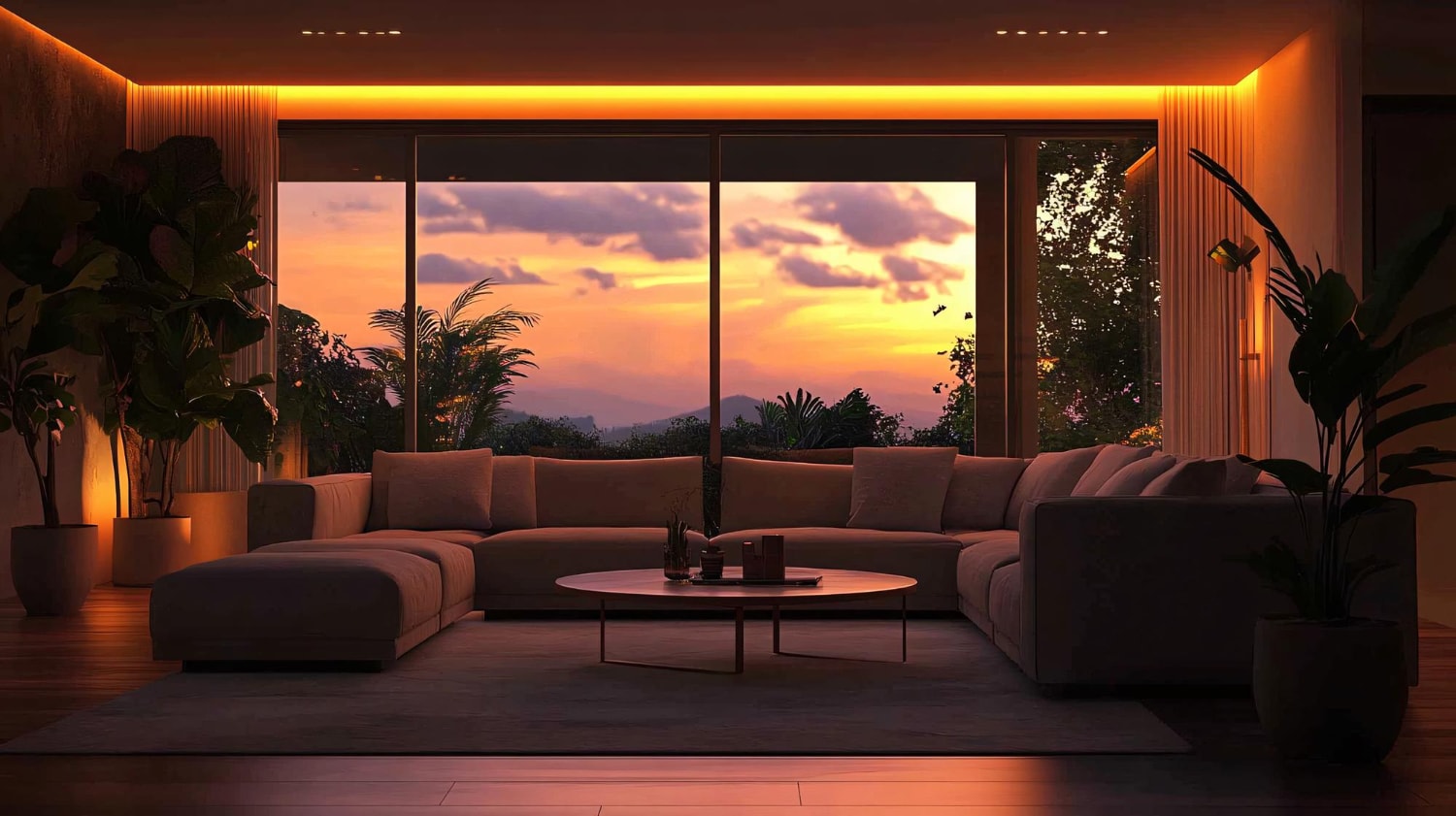 Living room with automated lighting and shading at sunset